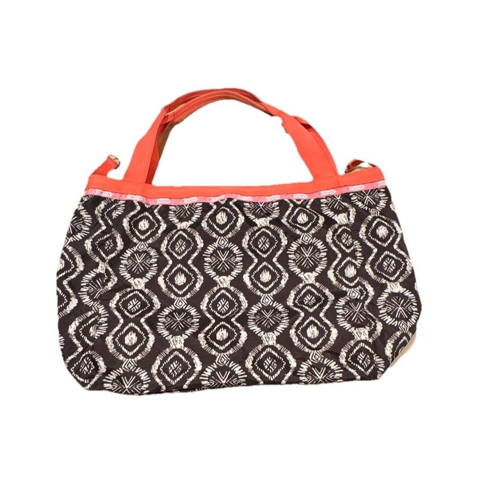 LeSportsac Reversible Beach Bag, Tote, Open Top, Brown Pattern, Yellow Orange